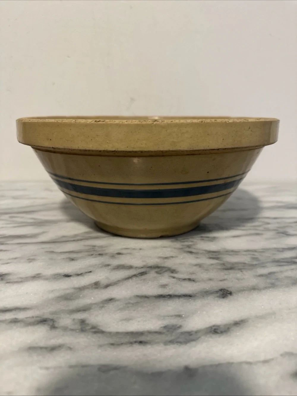 Antique yellow ware Stoneware Mixing Bowl with Blue Band